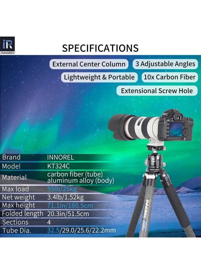Innorel Carbon Fiber Tripod KT324C Without Head Professional Portable Compact Travel Tripod for Digital DSLR Camera Heavy Duty Stand Support 1.28in/32.5mm Tube Max Load 55lbs/25kg with Center Column - Image 2